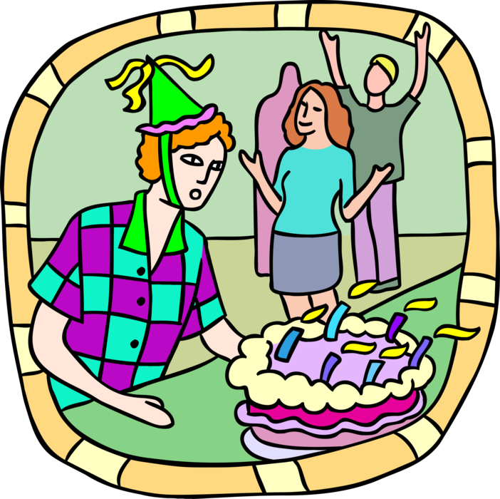 Vector Illustration of Teenager Celebrates with Friends at Birthday Party with Cake and Candles