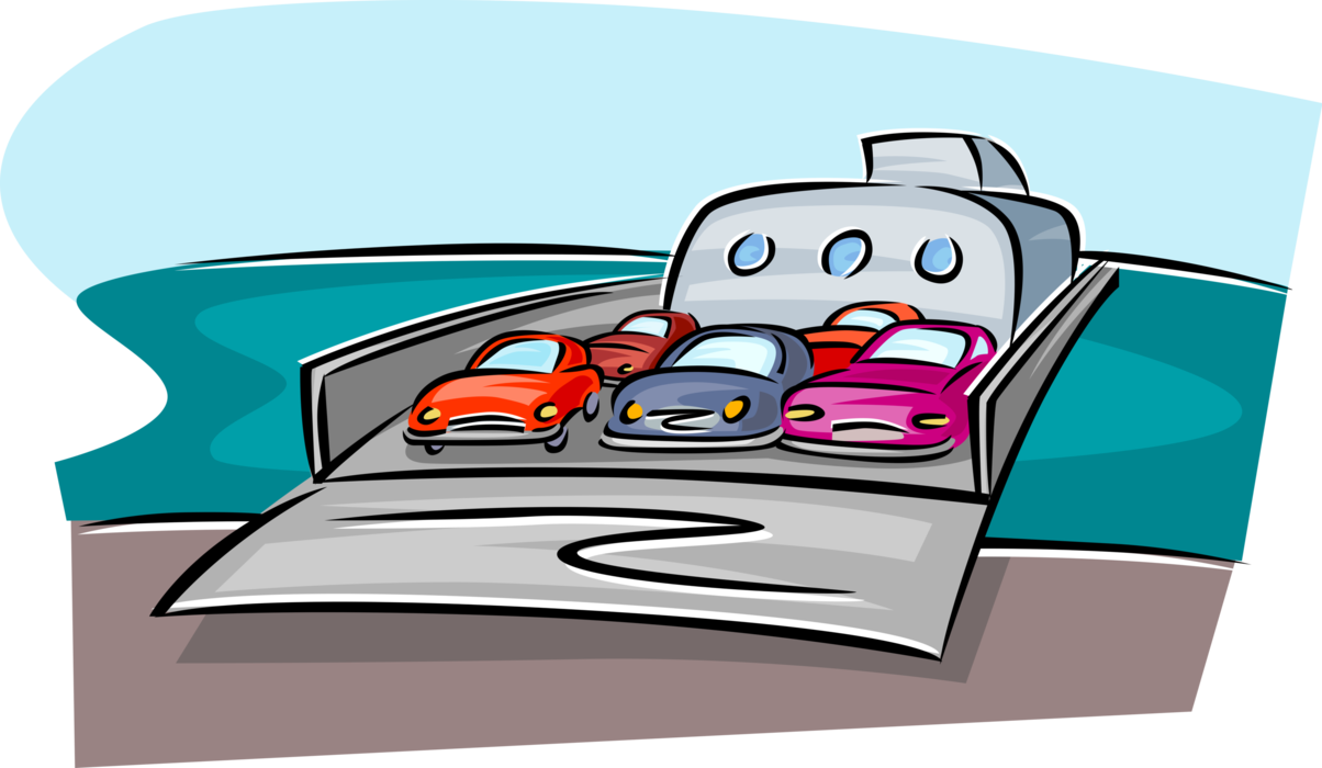 Vector Illustration of Ferry or Ferryboat Transports Car Automobiles and Passengers Across Water