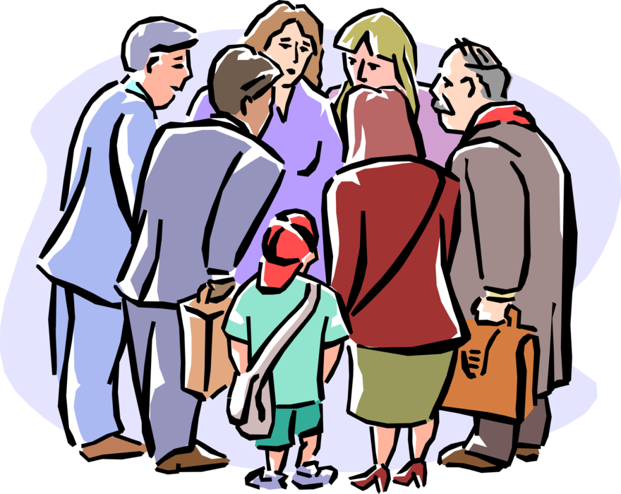 Vector Illustration of Office Workers Huddle on Sidewalk to Discuss Corporate Layoff Announcement