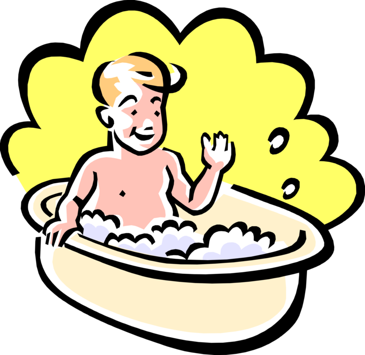 Vector Illustration of Boy in Bathtub Enjoys Bubble Bath