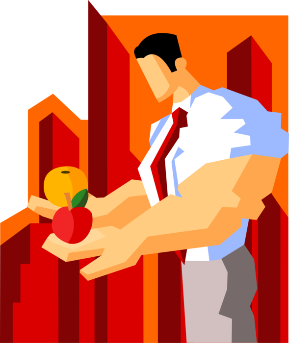 Vector Illustration of Powerful Businessman with Jacked Biceps and Forearms Comparing Apples to Oranges