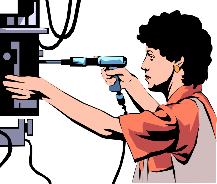 Vector Illustration of Assembly Line Worker with Electric Drill