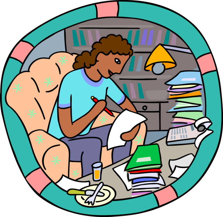 Vector Illustration of Student at Home Working on School Assignment Homework