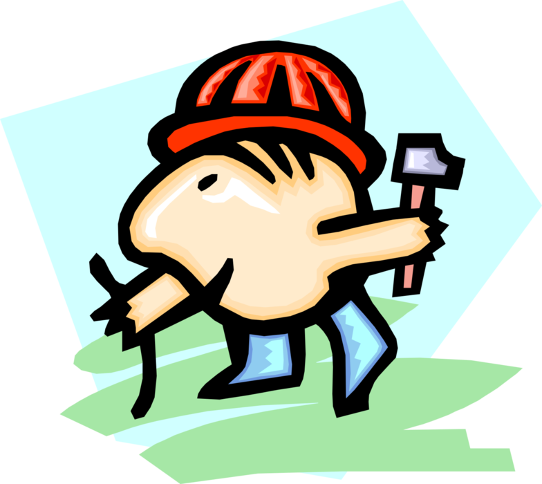 Vector Illustration of Construction Worker with Hammer and Safety Hard Hat
