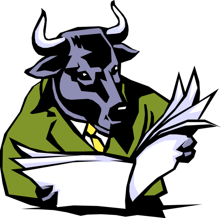 Vector Illustration of Bull Market Bull with Horns Reads the Stock Market Report