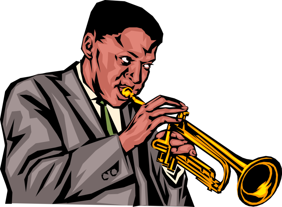 Vector Illustration of Jazz Musician Plays Trumpet Brass Musical Instrument