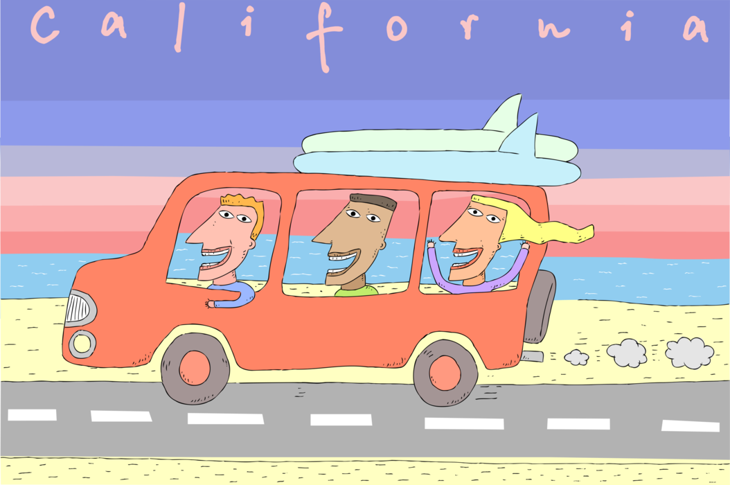 Vector Illustration of California Surfers Drive to the Beach in Motor Vehicle