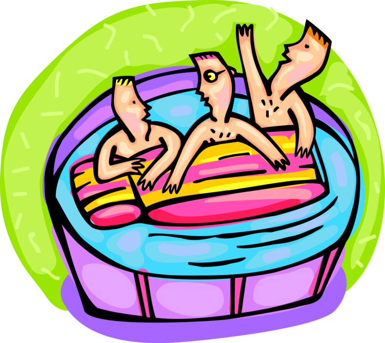 Vector Illustration of Kids Playing in Backyard Swimming Pool with Inflatable Raft