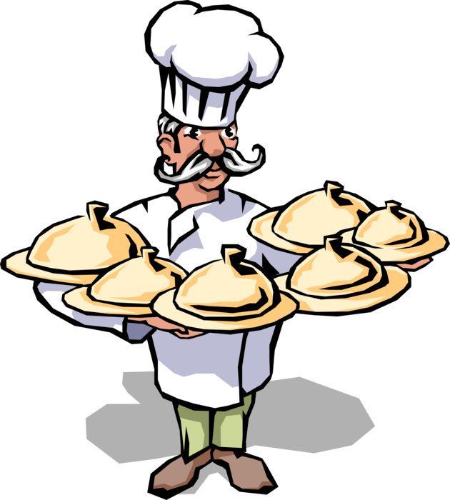 Vector Illustration of French Culinary Cuisine Chef in White Hat Serves Six-Course Dinner with Covered Food Trays