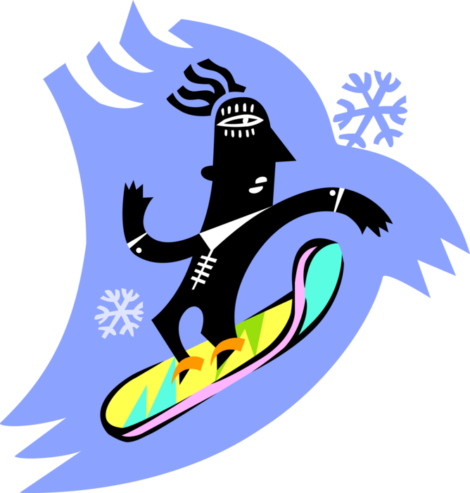 Vector Illustration of Winter Sports Snowboarder Dude Snowboarding Down Slopes with Snowboard