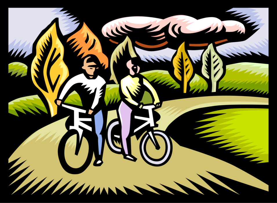 Vector Illustration of Children Cyclists on Bicycle Ride in Country