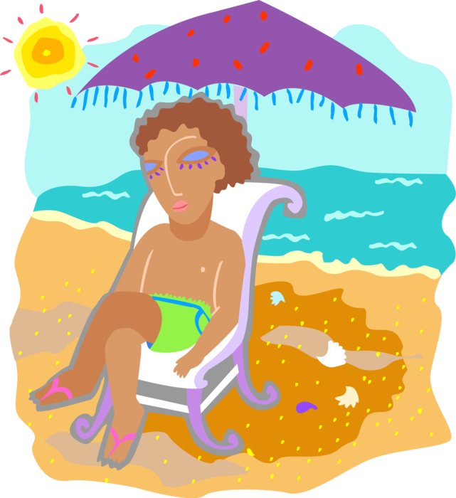 Vector Illustration of Enjoying Day at the Beach Under Sun Shade Umbrella