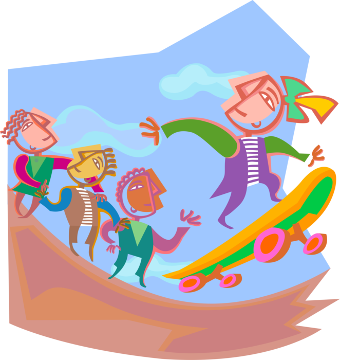 Vector Illustration of Skateboarder Skateboarding on Skateboard as Friends Watch and Cheer