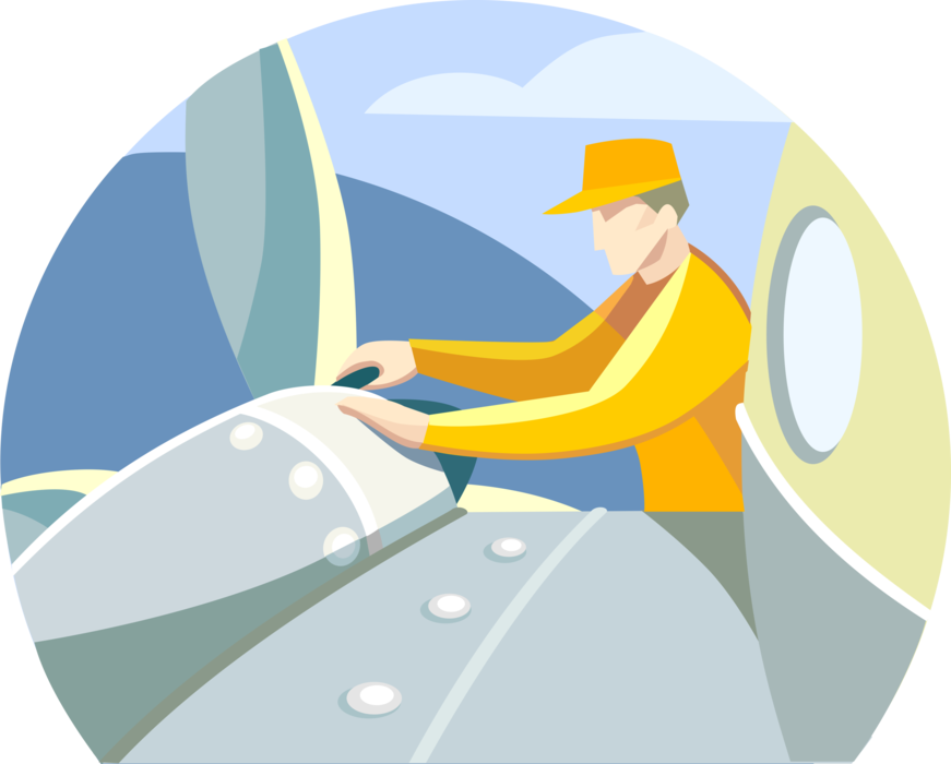 Vector Illustration of Aircraft Maintenance Technician Works on Airplane Propeller