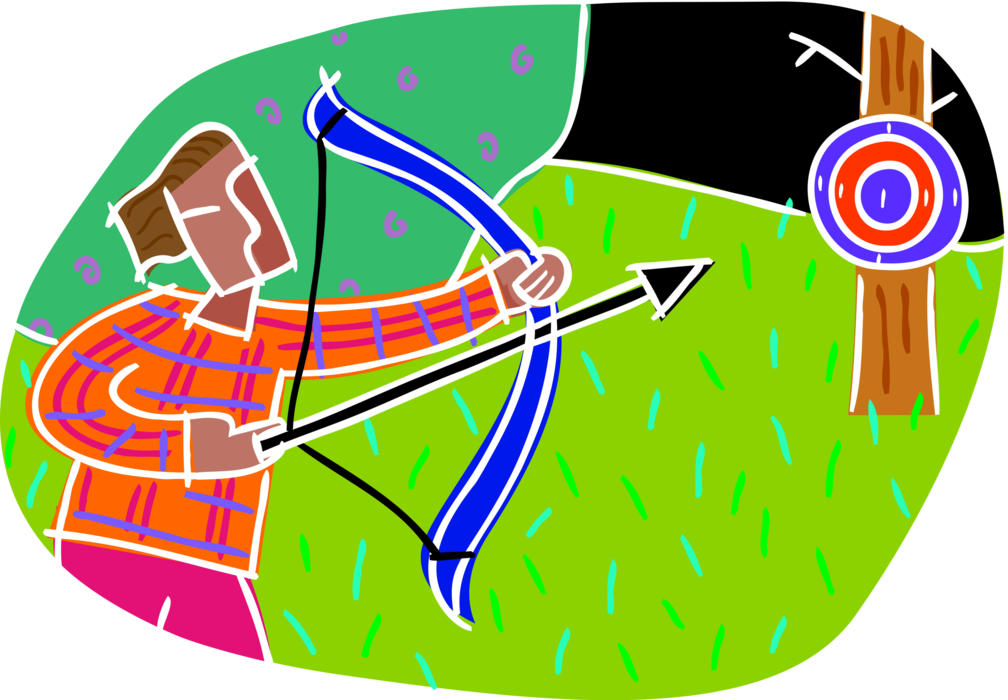 Vector Illustration of Archer with Bow and Arrow Shoots at Archery Target