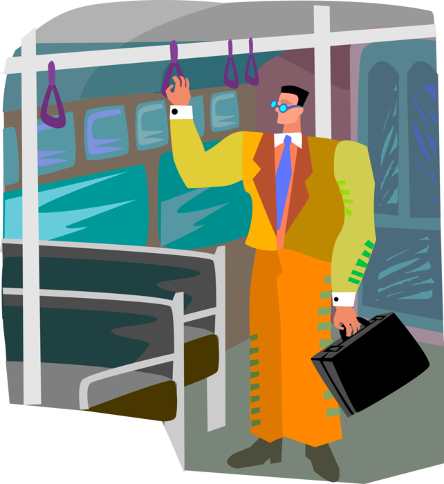 Vector Illustration of Businessman Standing on Public Transportation Bus or Subway Car