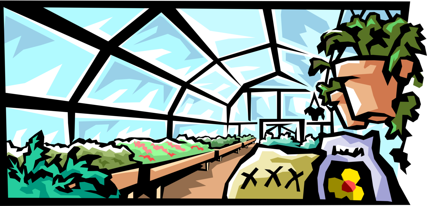 Vector Illustration of Greenhouse Nursery Where Plants are Propagated and Grown with Flowers