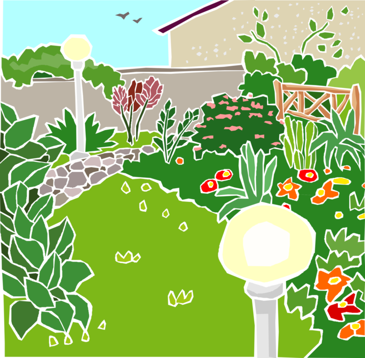 Vector Illustration of Summer Garden with Lush Greenery