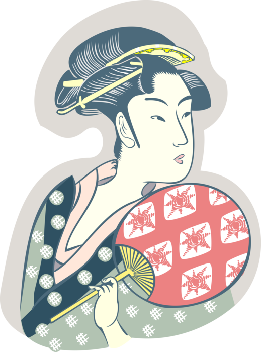 Vector Illustration of Japanese Courtesan Geisha Hostess in Traditional Garment Kimono Dress with Hand Fan