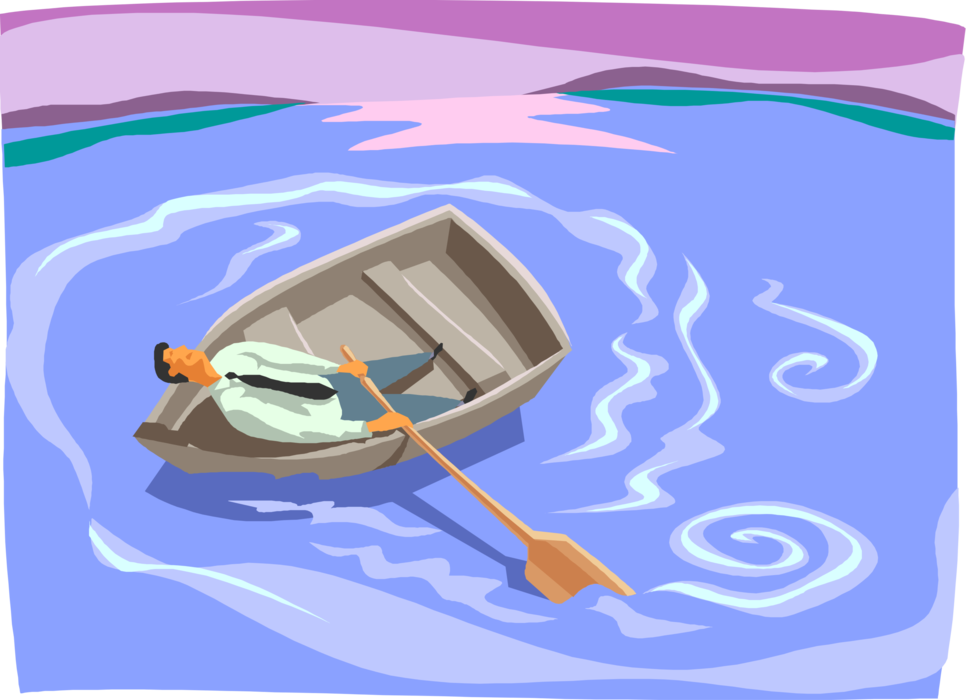 Vector Illustration of Businessman Goes Around in Circles in Rowboat Boat with Only One Oar