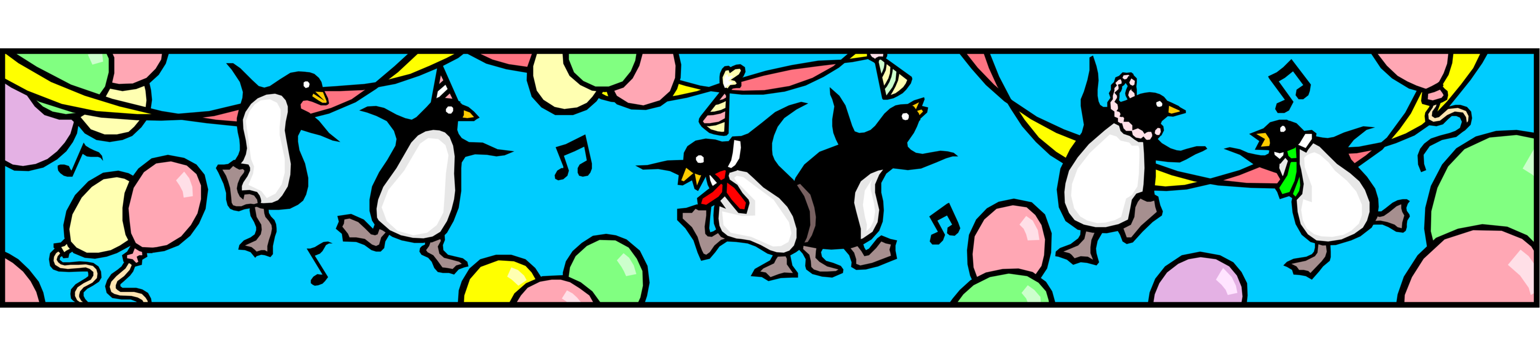 Vector Illustration of Party Penguins Celebrate with Ribbons and Balloons