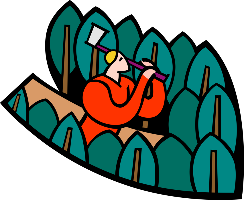 Vector Illustration of Forestry Industry Lumberjack Cuts Down Tree with Axe Hatchet