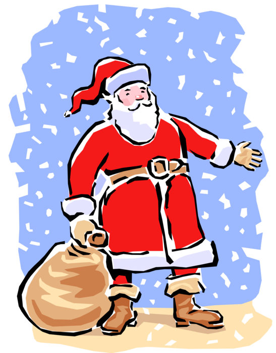 Vector Illustration of Santa Claus with Sack of Gifts in Snow