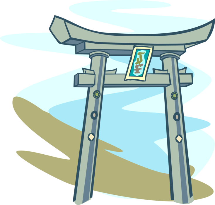 Vector Illustration of Japanese Traditional Buddhist Temple and Shinto Shrine Torii Gate