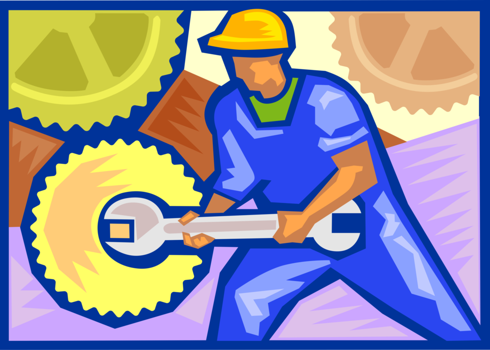Vector Illustration of Construction Worker Tightening Bolts and Gears on Gog Wheels