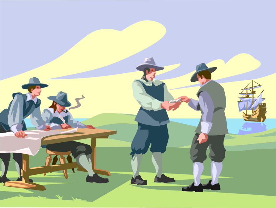 Vector Illustration of Pilgrim Settlers Arrive in America on Sailing Ships and Draw Lots for Land