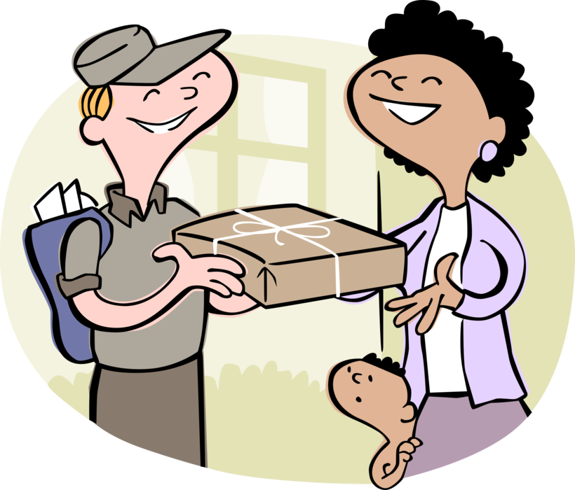 Vector Illustration of Mother Receiving Package from Delivery Courier