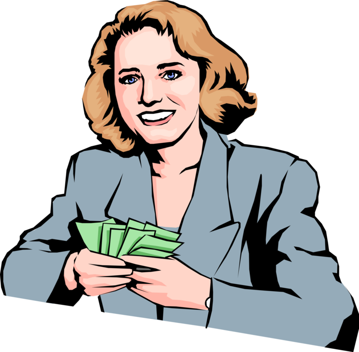 Vector Illustration of Woman Holding Cash Money Dollar Bills