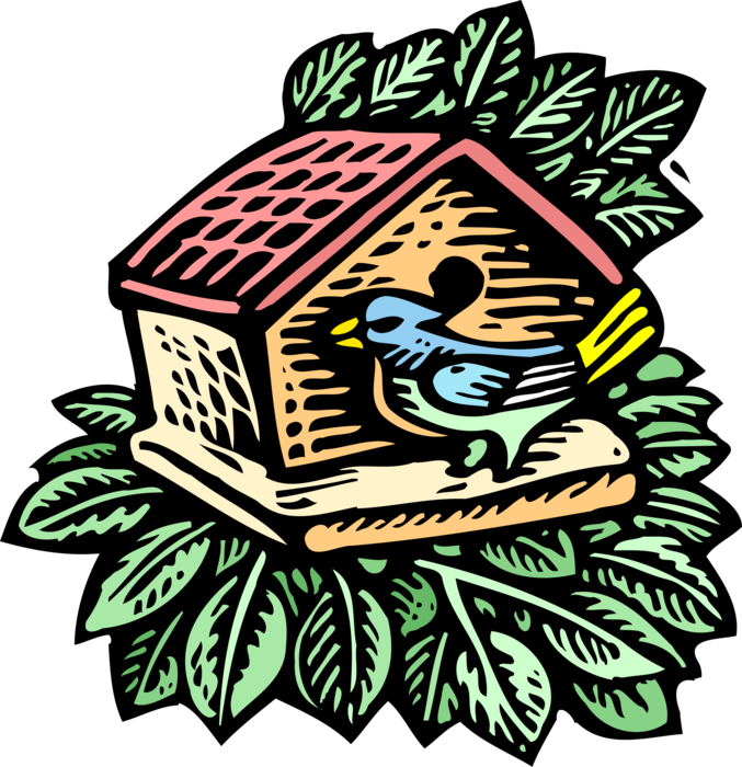 Vector Illustration of Bluebird Thrush Bird at Birdhouse in Tree