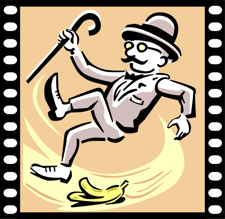 Vector Illustration of Comedy Movie Film with Man Slipping on Banana Peel