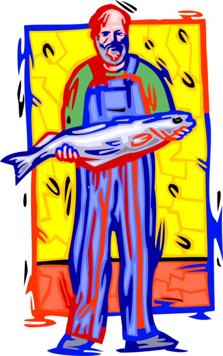 Vector Illustration of Proud Fisherman Angler with His Fresh Fish Catch