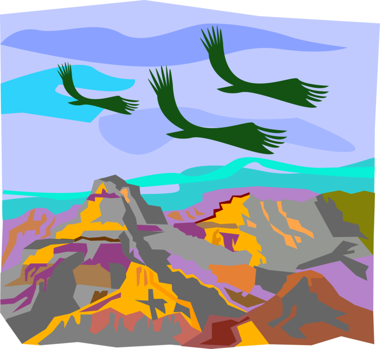 Vector Illustration of Desert Canyons at Sunset with Birds in Flight