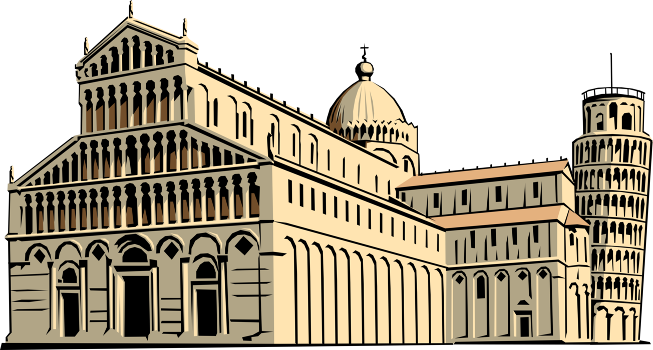 Vector Illustration of Baptistery Christian Church Cathedral and Leaning Tower of Pisa Italian Tourist Landmark, Italy