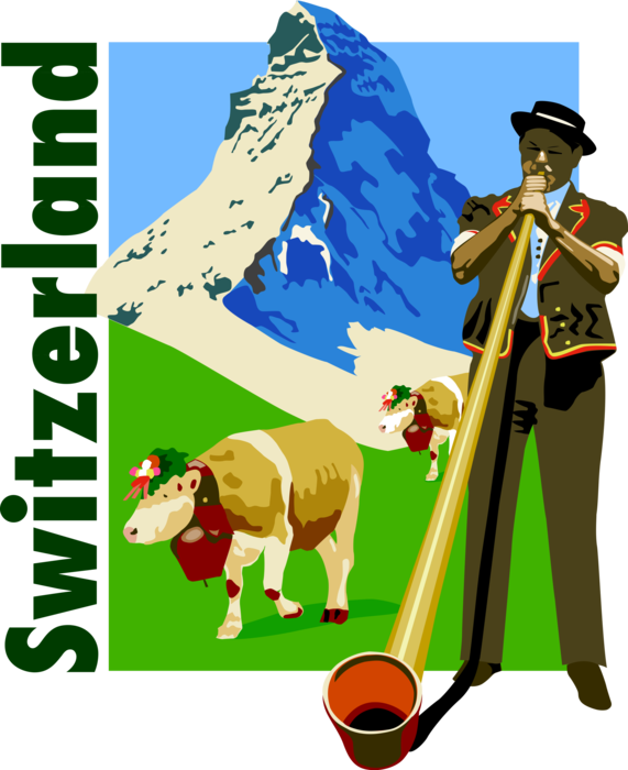 Vector Illustration of Switzerland Postcard Design with Alphorn or Alpenhorn Alpine Horn Blower