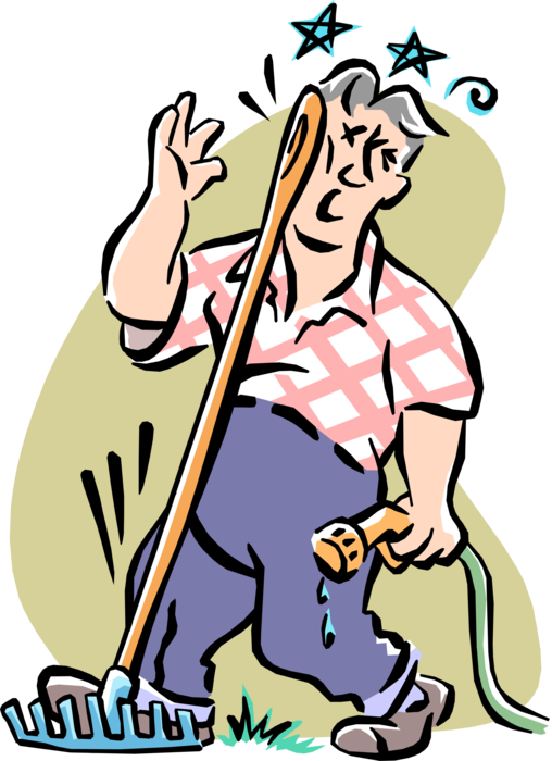 Vector Illustration of Do-It-Yourself Home Improvement Lawn Care Worker Steps on Rake