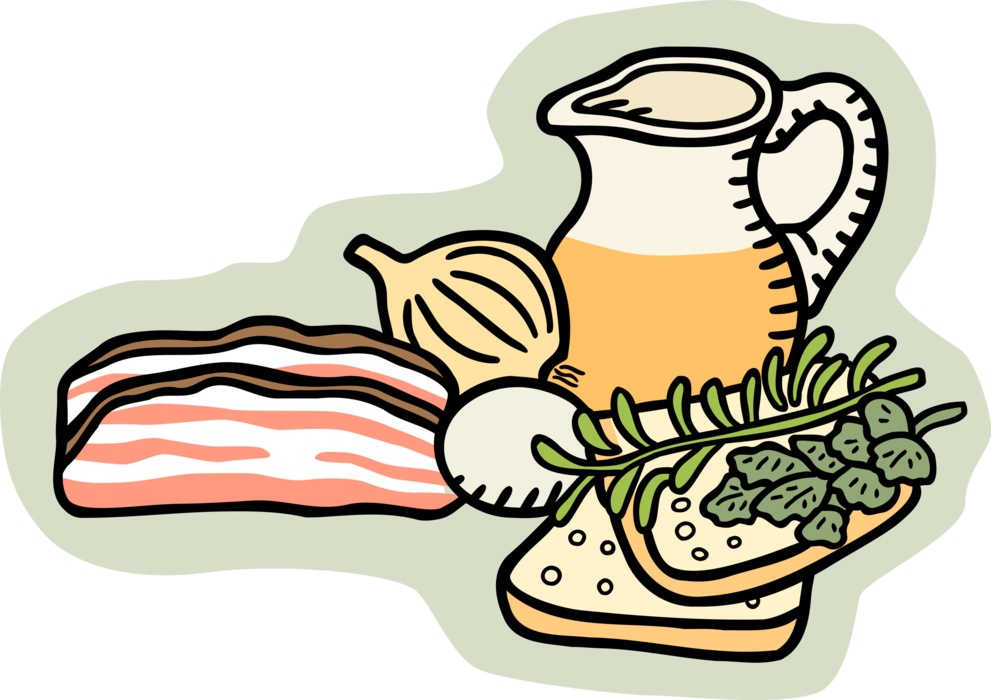 Vector Illustration of Salad Ingredients with Bacon, Eggs, Herbs, Onion and Olive Oil