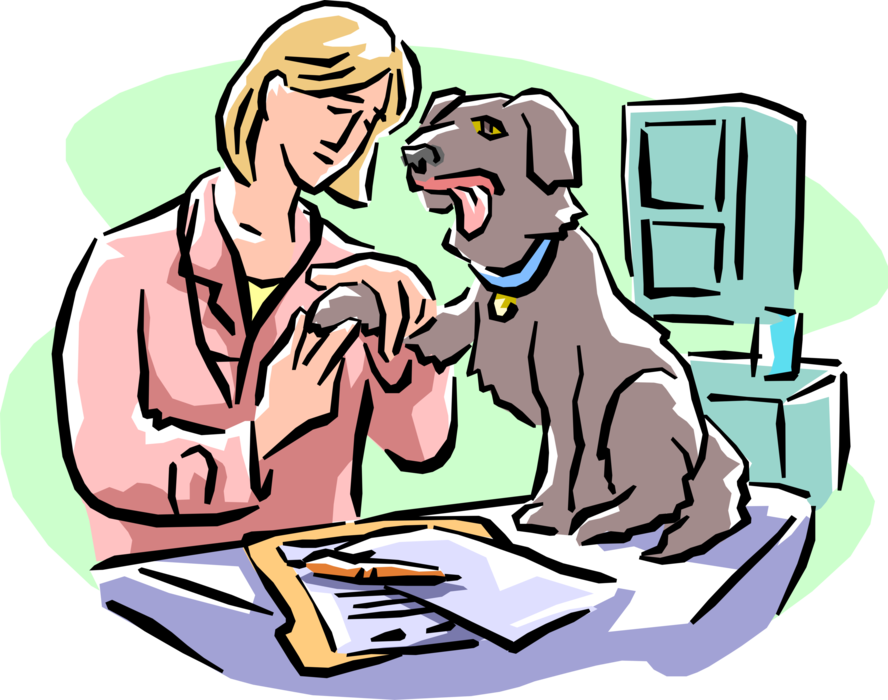 Vector Illustration of Veterinarian Checks Patient Dog for Injury Before Providing Treatment