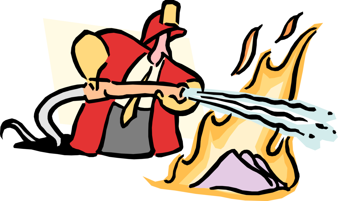 Vector Illustration of Businessman Firefighting Fireman with Firehose Sprays Water to Put Out the Fire