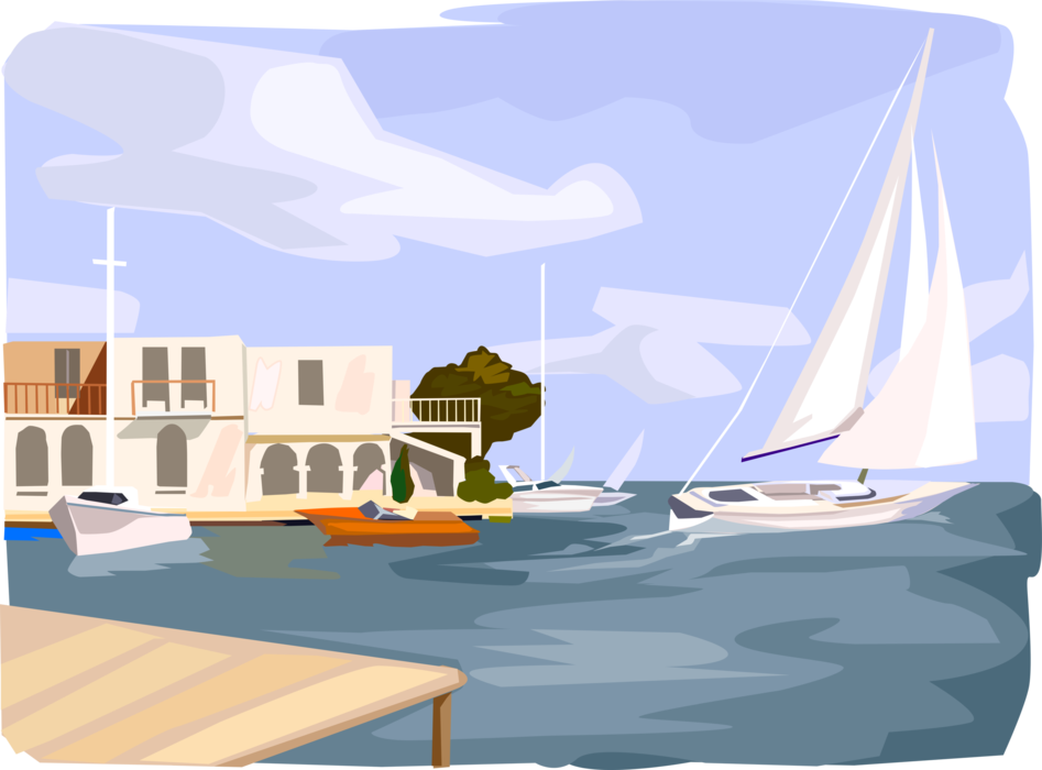 Vector Illustration of Sailboats in Harbor at Greek Resort
