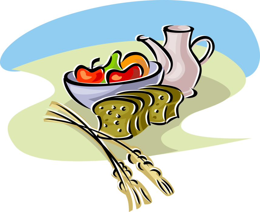 Vector Illustration of Fresh Fruits and Baked Bread with Wheat Grain