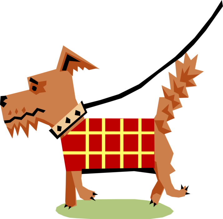 Vector Illustration of Scottish Terrier Dog on Leash Wearing Tartan Vest