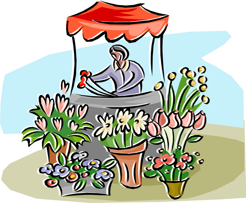 Vector Illustration of Flower Stand with Vendor Selling Flowers