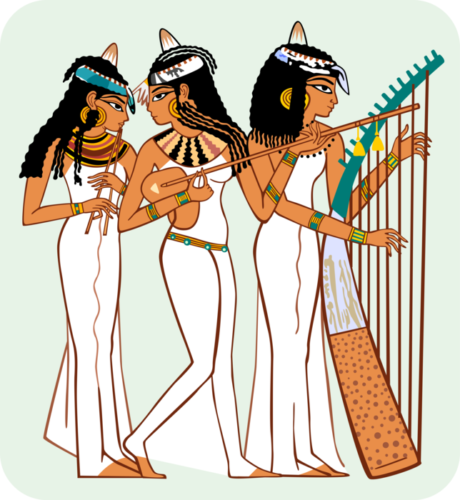 Vector Illustration of Tomb Painting Depicting Egyptian Women Playing Musical Instruments