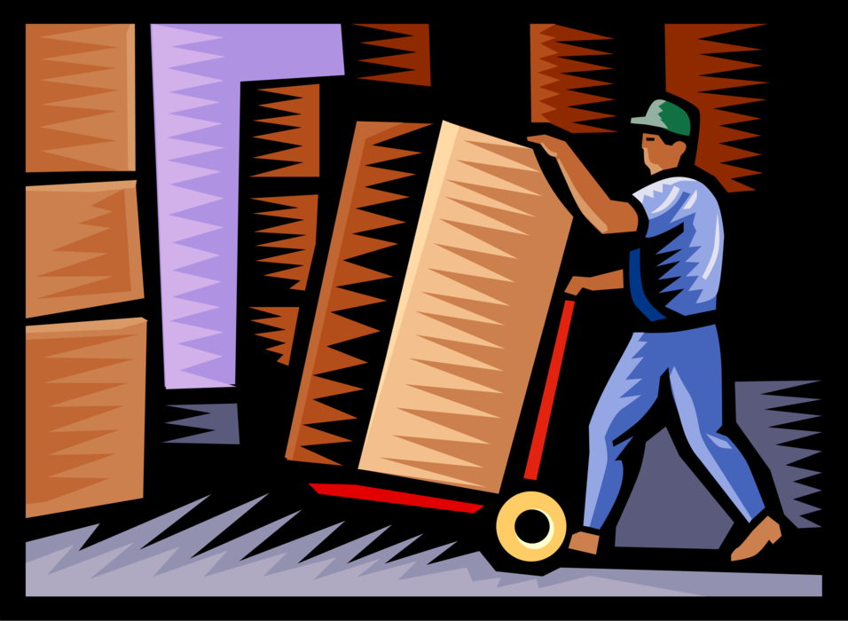 Vector Illustration of Warehouse Worker Moves Boxes on Handcart Dolly