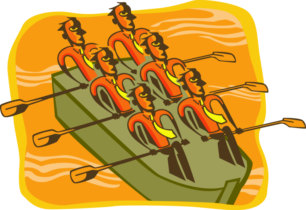 Vector Illustration of Eight Sculling Rowers with Oars Demonstrate Importance of Teamwork