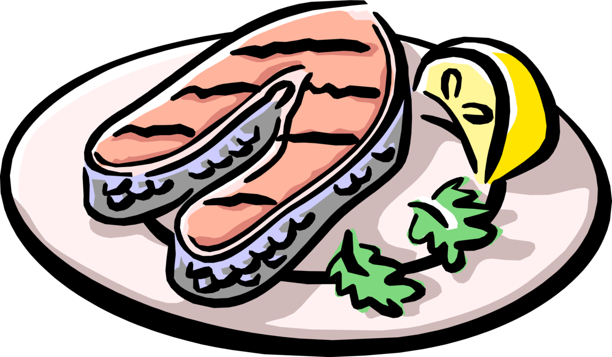 Vector Illustration of Grilled Salmon Served on Plate with Lemon Wedge